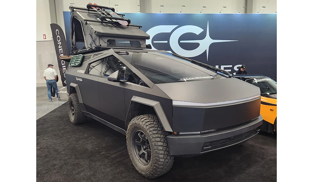 This EV is outfitted with a roof top tent to enjoy the outdoors.