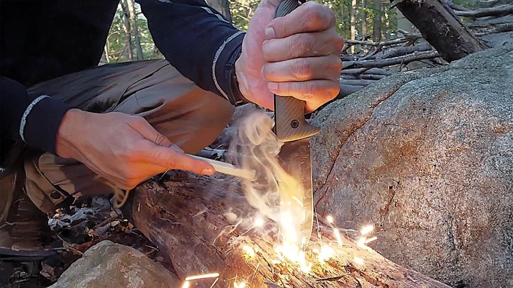 To the author’s surprise, the Reiff Knives Vicon had a sharp enough spine to shower sparks from a Ferro rod.
