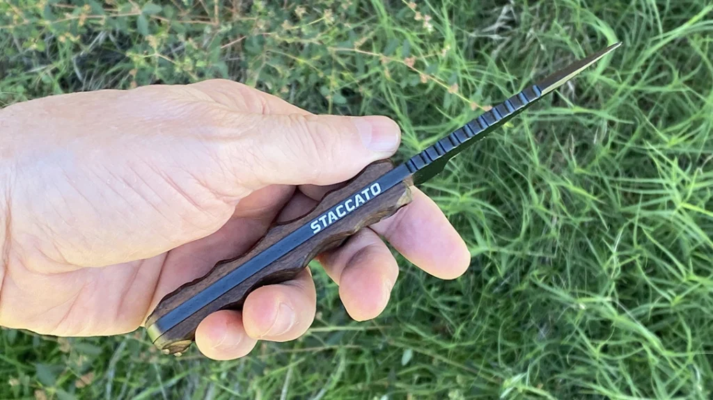 The Staccato x Stroup Knives Fixed Blade Knife features a sleek full-tang, saber-ground drop point blade with swedge crafted from CPM S35VN stainless steel.