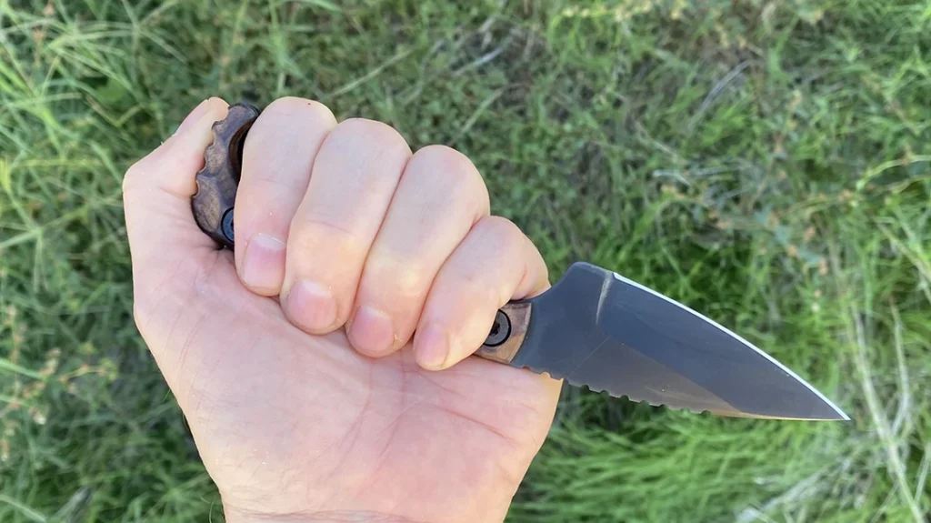 The Staccato x Stroup Knives Fixed Blade geometry supports both standard (forward) and reverse grips, making it highly versatile for utility work and defensive use.