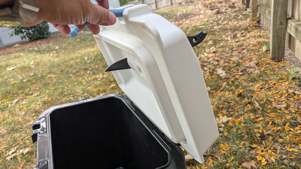 The author found no difficulty using an icepick grip to sink the TOPS Knives Abaniko through the cooler hood. The grip was extremely comfortable.