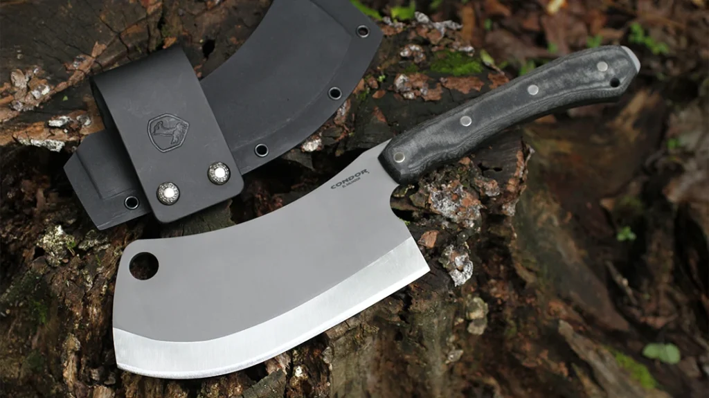 The Condor Tool & Knife K-Night Cleaver comes with a Kydex and leather sheath for transport and belt carry.