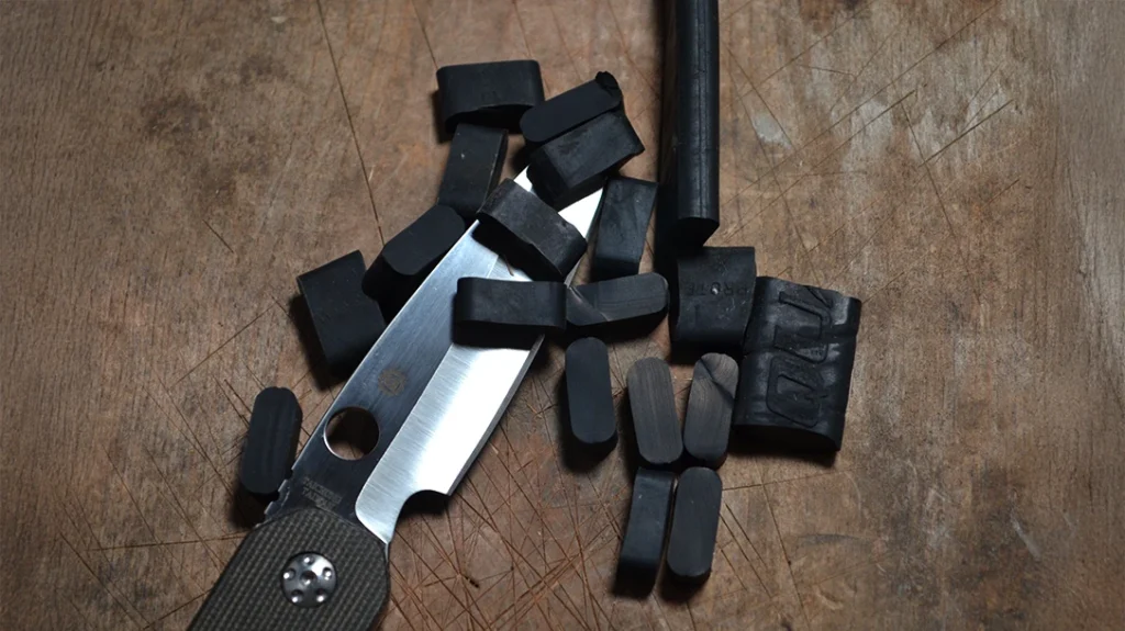 A solid rubber tie down was no trouble at all. Push cuts parted the material like it wasn’t even there.