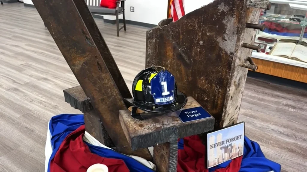 The centerpiece is a 9/11 tribute constructed from twisted girders from the Twin Towers.