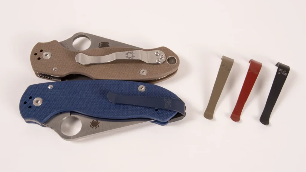 Recluse and Para 3 w clips: Many people like Spyderco’s Para 3, but feel it carries too high in the pocket. The 5x5 Recluse not only solves that problem in style, but provides a choice of clip colors to blend with your pants for even lower-profile carry.