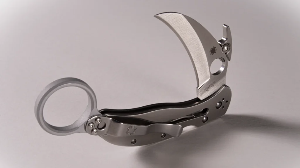 Harpy with Talisman and Pickpocket: A combination of a Talisman ring and Pickpocket “wave” opener transforms Spyderco’s new screw-together version of the classic Harpy into a legit folding karambit.
