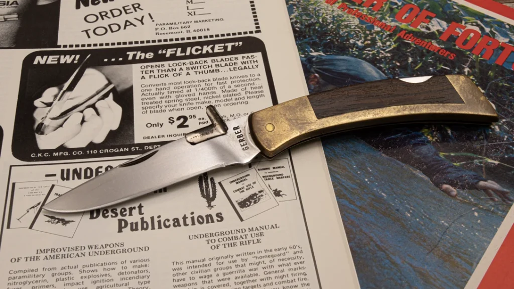 In the 1970’s, the Flicket was a popular addition that transformed traditional knives into one-hand openers. This is the author’s original Gerber FS II with Flicket.