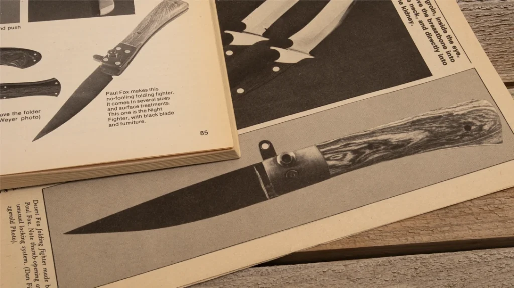 Pioneering knifemaker Paul Fox was among the first to incorporate an integral thumb lever into his designs in the late 1970’s. Here his designs are shown in knife publications dated 1981 and 1982.