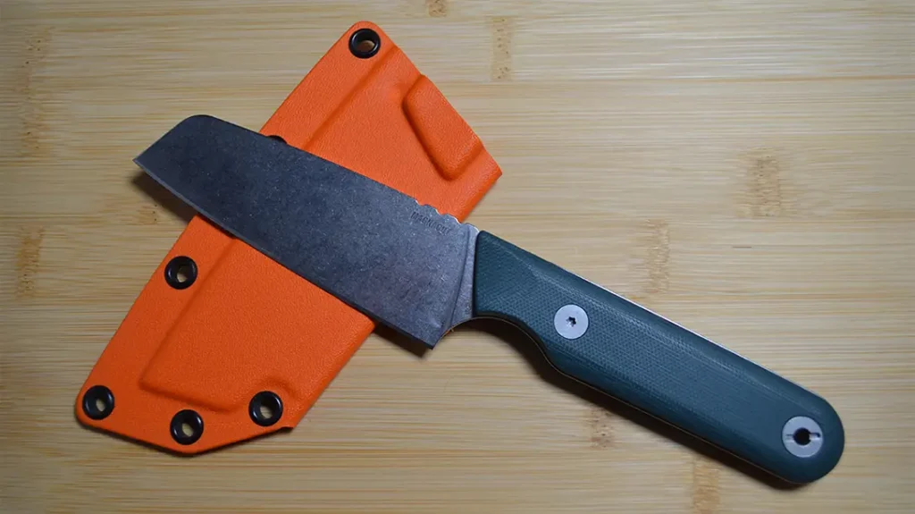 The Rustle, Leatherman’s camp kitchen knife, has a Santoku fixed blade profile. Some might call it a modified sheepsfoot design.