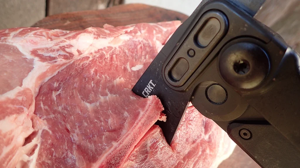 To evaluate the CRKT Provoke X Morphing Axe, the author used a pork shoulder.