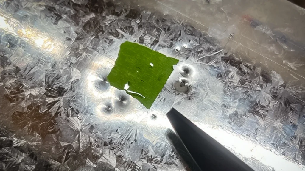 The Lucky Walusiak Meschach did pierce the steel. Just barely, but it did. I followed that with 7 two-handed strikes against the plate. On the final strike, the tip snapped.