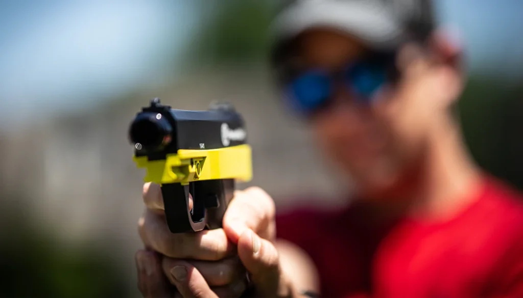 Upon impact, the TRP’s projectiles release a large red cloud, effectively incapacitating threats while minimizing risk of lasting harm.