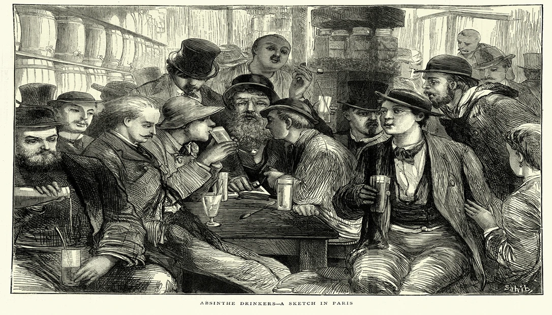 19th-century Parisian café scene showing absinthe drinkers.