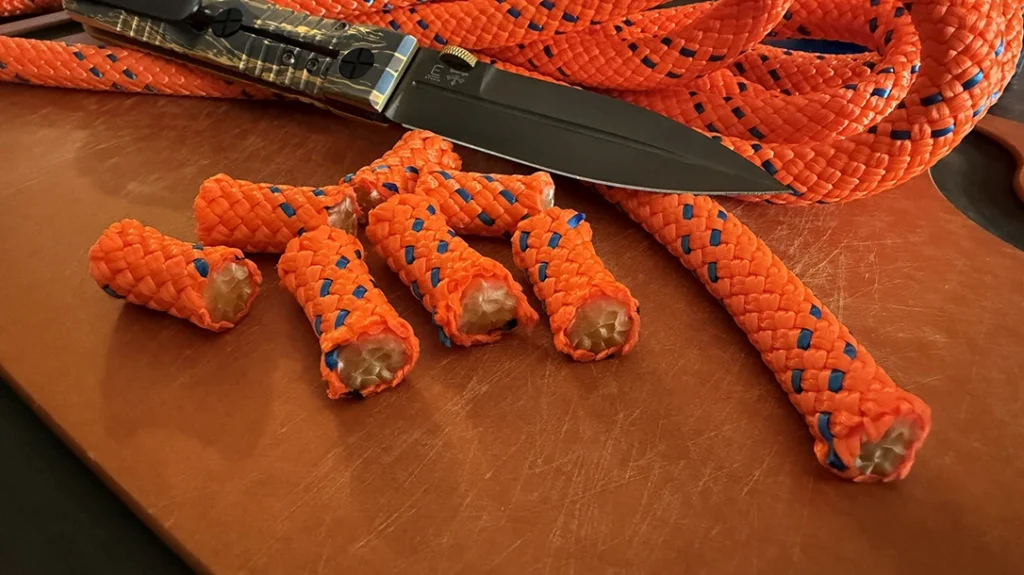 The blade easily glided through this half-inch climbing rope.