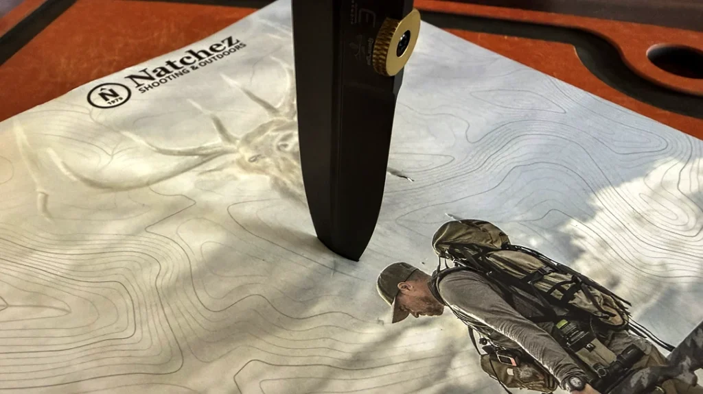 The aggressive spear point tip penetrated ¾-inch into this catalog.