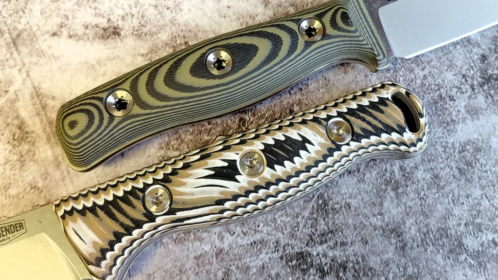 Handles are available in G‑10 and Micarta, with tri‑color G‑10 options for added grip and style points.