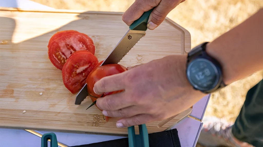 Using a wooden cutting board allows the blade to be cushioned with every cut, which increases the knife’s long-term use.