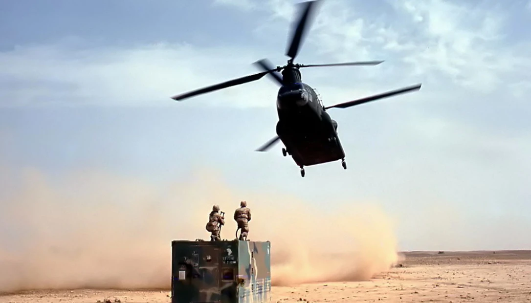 Military helicopter support during Iraq ground offensive operations.