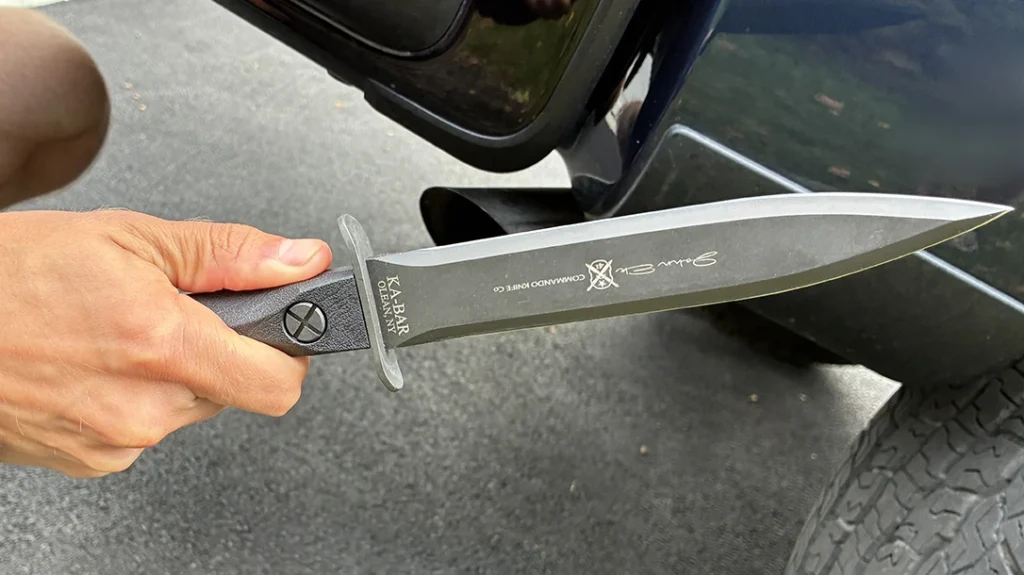 Overall length of the KaBar Ek Model 4 Commando Dagger is 12.6 inches, with the double-edged spear point blade 6.625 inches long.