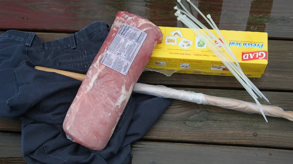 The “porkman” test subject, as learned from Michael Janich, consists of a pork roast, a broomstick, and clothing to simulate an adversary’s limb.