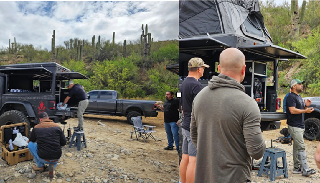 Vehicles and gear staged outside Bumble Bee before heading toward the higher elevation training area.