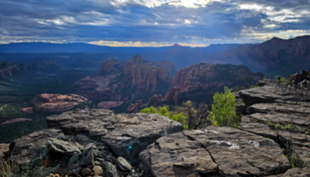 The exposed granite rim above Sedona offered expansive views but limited options for staking a tent.