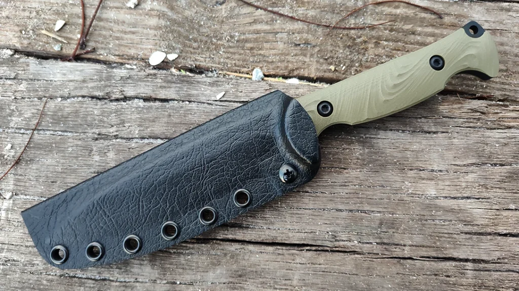 The included Kydex sheath features a simple yet effective design.