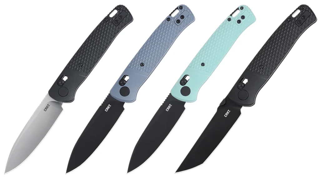 The knife is available with handles in black, gray, and aqua.