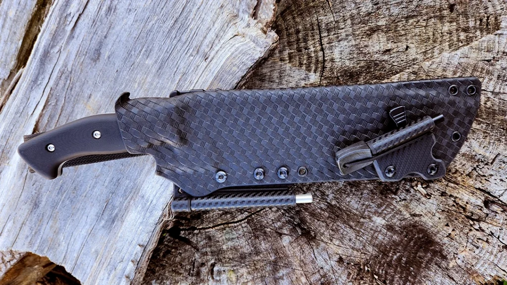 Basketweave texture is one of the many options available for knife sheaths like this one for a Work Tuff Gear Grizzly from Yellow Hawk Custom Kydex.