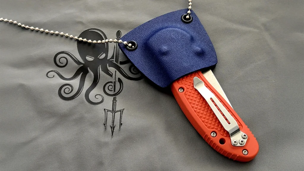 Kydex is available in a wide range of thicknesses and colors for all applications like this Linos Sheath Works neck sheath for a Benchmade Griptilian folding knife.