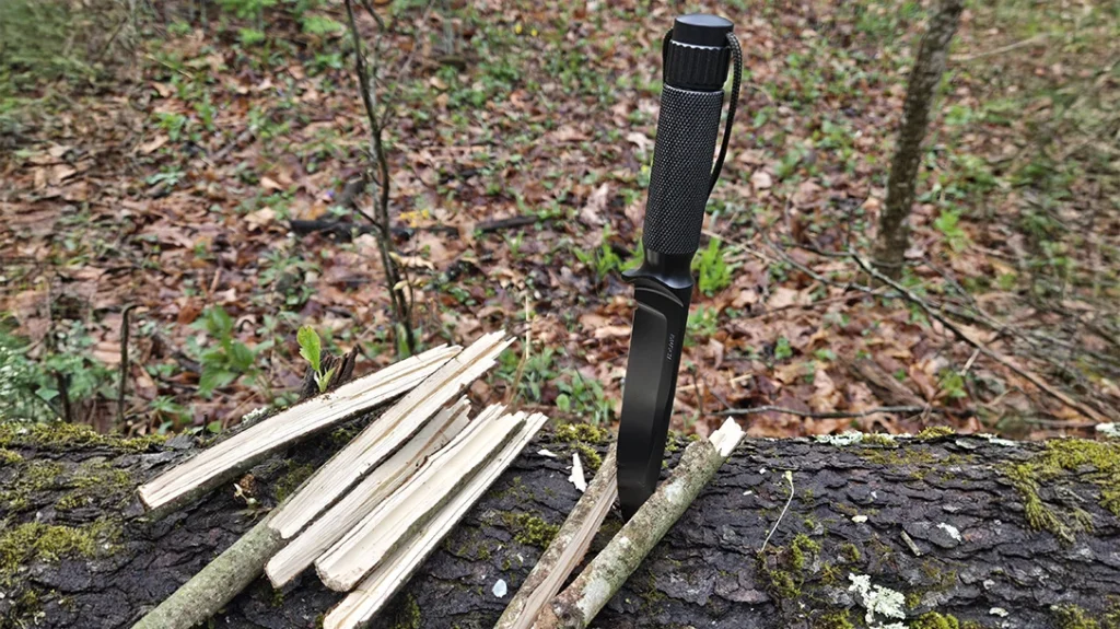 The author used the Derek Rausch Revenant MKII for tip-first splitting wood for fire prep on a trip to the mountains.