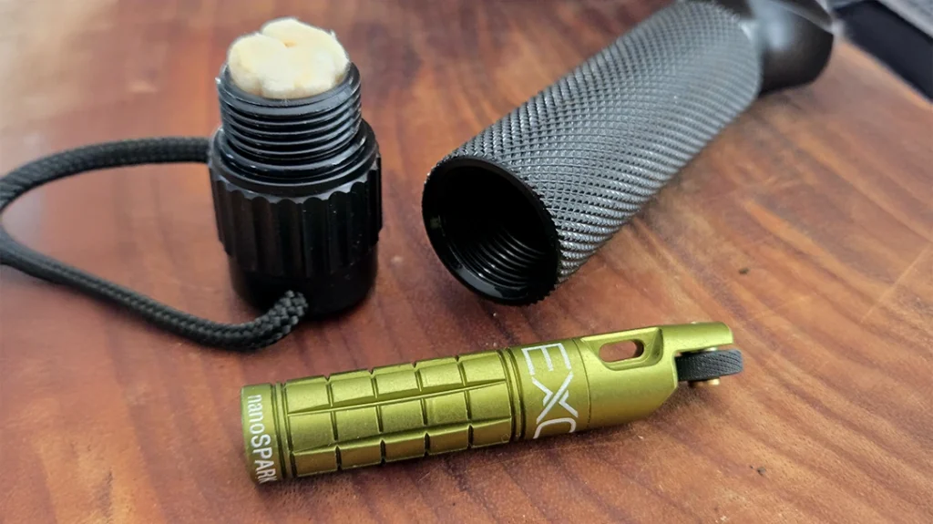 The hollow handle is large enough to hold an EXOTAC NanoSPARK, tinder, and more for one-hand firestarting.