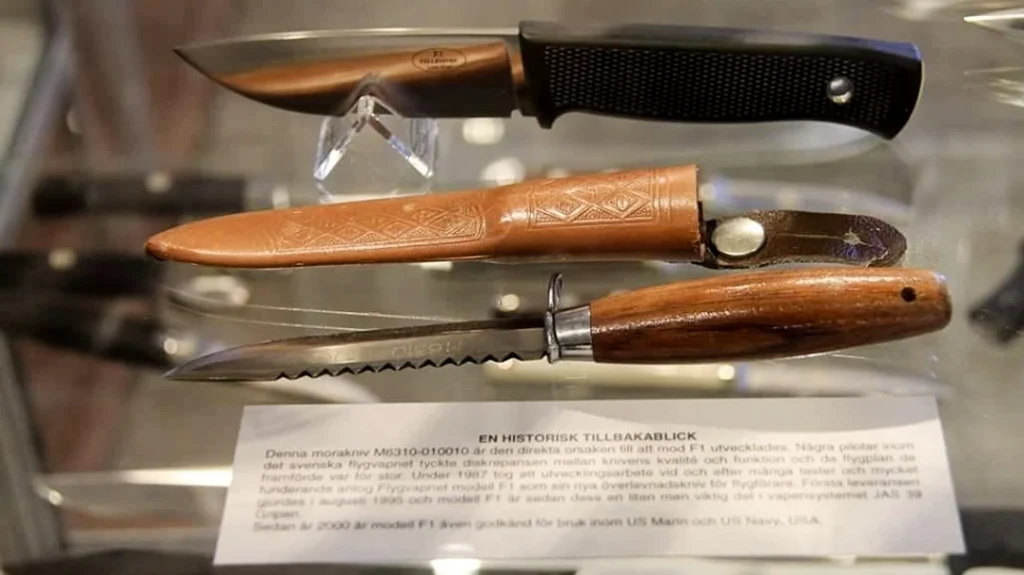 This photo was taken in 2013 at the Fallkniven factory in Boden, Sweden, with the standard F1 shown with the pilot survival knife it replaced.