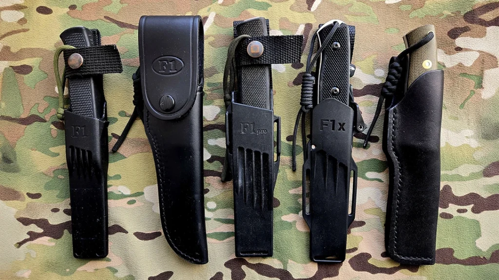 There are multiple varieties of factory sheaths included, ranging from closed and open-top leather pouches, standard Zytel, and locking sheaths.