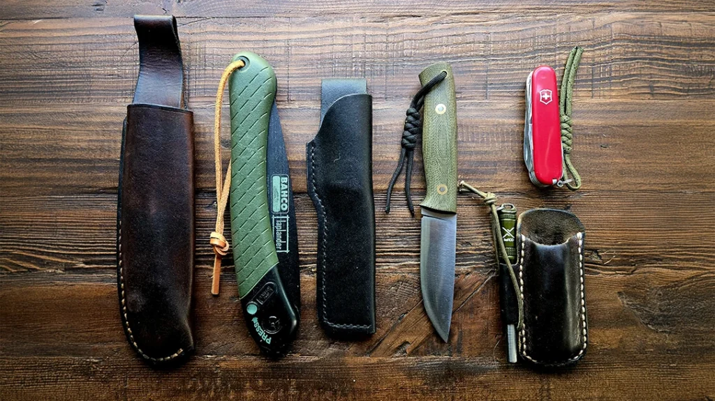 The Fallkniven F1 pairs perfectly with a Victorinox Ranger Swiss Army Knife and Bahco Laplander saw.