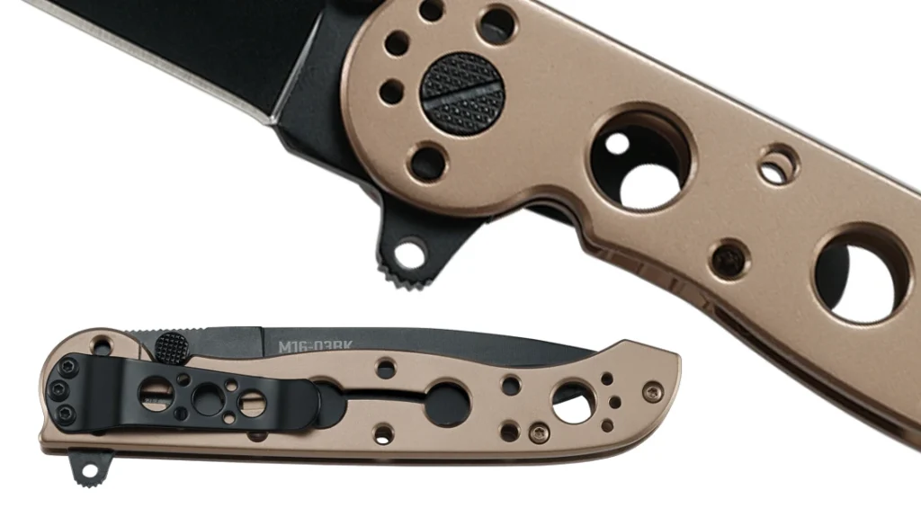 The CRKT M16 was the first mass-produced folding knife that featured a flipper-style opening mechanism.