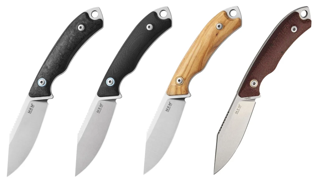 The MKM DCA Pocket Tango 4 is available in four handle scale options, including Marbled carbon fiber, Black G-10, Olive wood, and Red burlap micarta.