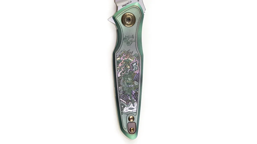 A combination of bronze anodizing and a Diamond-Like Carbon (DLC) coating brings life to the mountains, flames, Tu’s armor, and sashimono on the Spartan-Ronin Five Rings Project—FIRE.