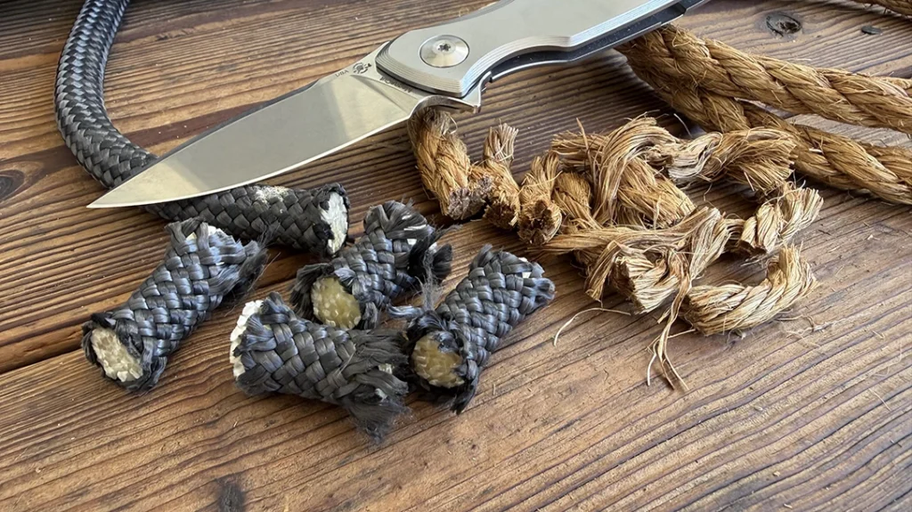 The author cut up a heavy-duty military gun belt, half-inch climbing rope, and sisal rope.