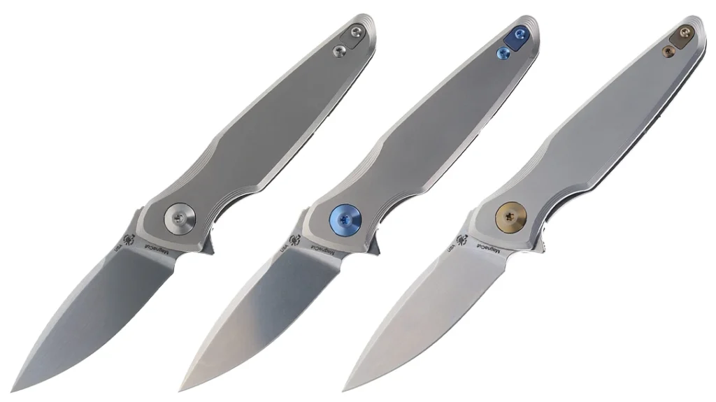 The Pandia is available in a matte titanium finish with three hardware color options: titanium, blue anodized, and bronze anodized.