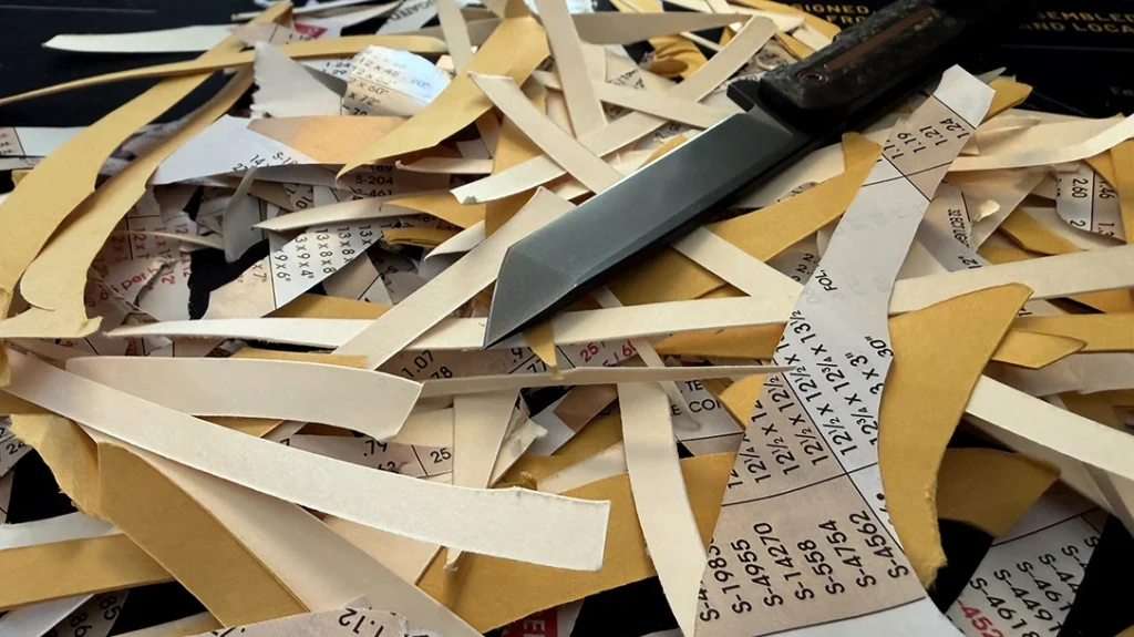 The TEKTO Knives F2 Bravo X EOTECH Edition glided through catalog paper, a manila envelope, and a file folder with aplomb.