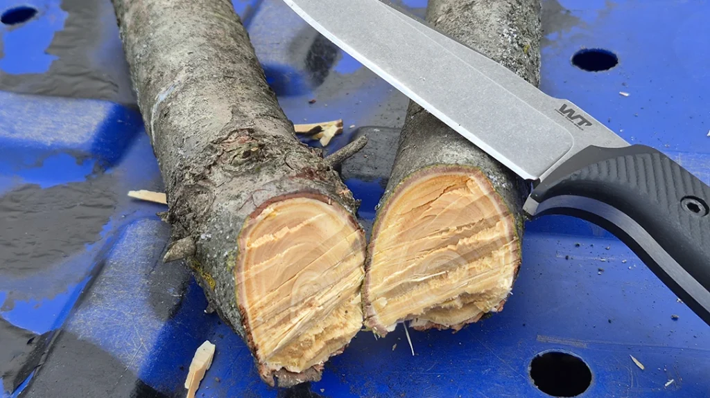 Wood chips were flying as the knife chopped through branches.