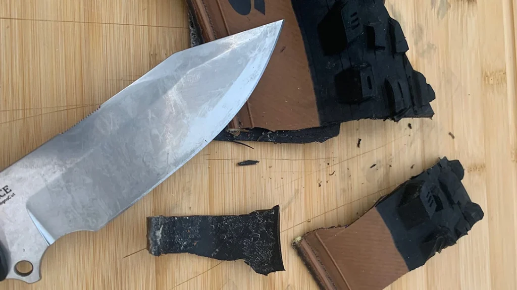 The author doubled the tire over to see how the GiantMouse Redington could slice through two sections of tire simultaneously.