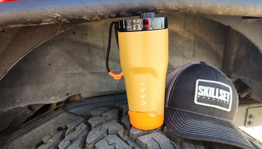 The 20oz VSSL Rift tumbler on my tire