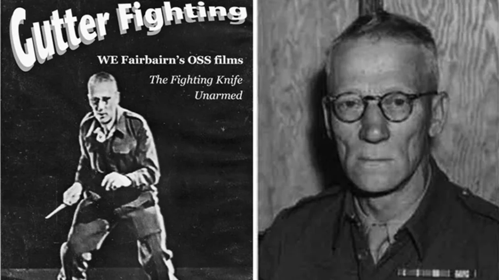 Old photo of William E. Fairbairn next to a copy of his book Gutter Fighting.