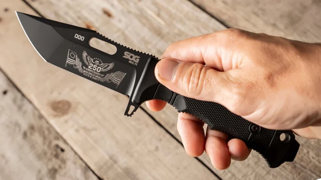 A hand holding the knife.